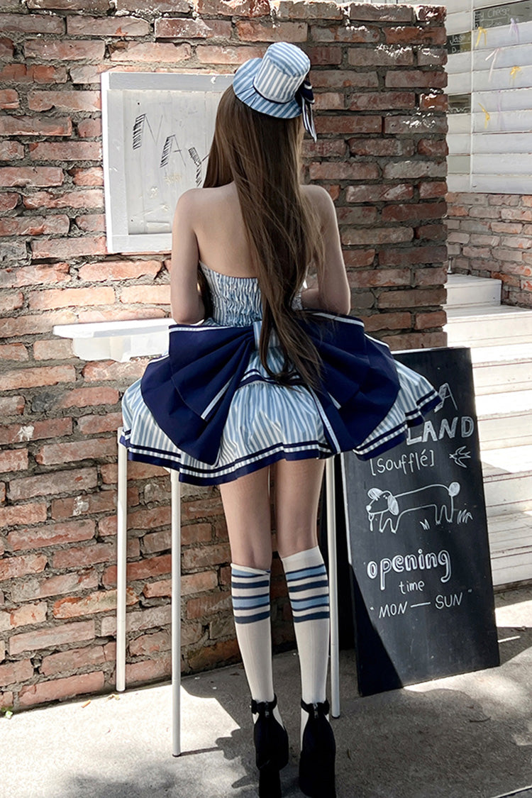 Blue Sailing Sweetheart Double-Layered Vertical Stripes Print Ruffle Bowknot Sweet Lolita Dress