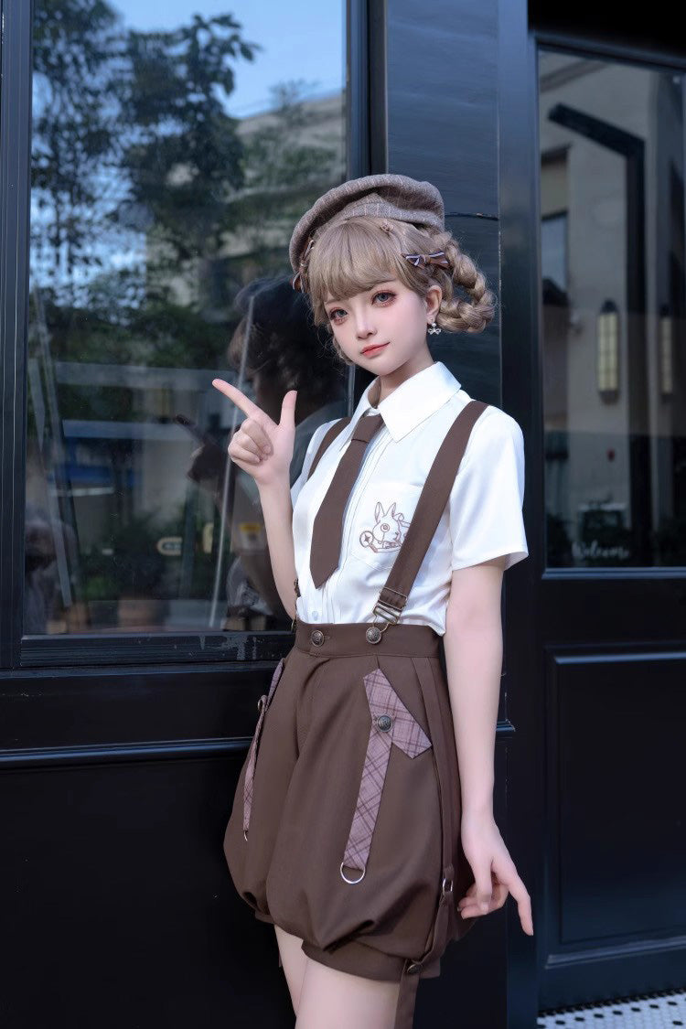 Brown Bunny Detective Short Sleeves Prince Ouji Lolita Shorts and Blouse Set
