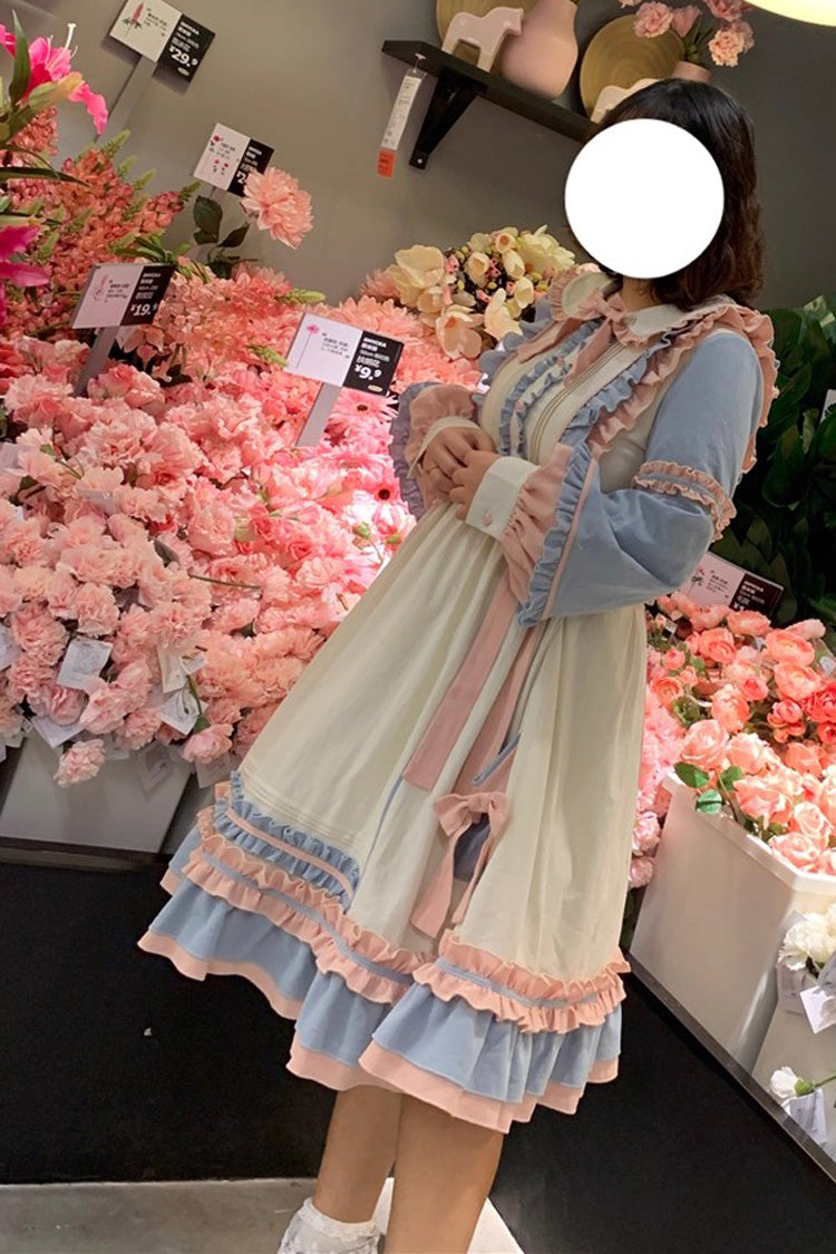 Blue/Pink Sweetheart Puff Doll Collar Long Sleeves Ruffle Bowknot Sweet Plus Size Lolita Dress