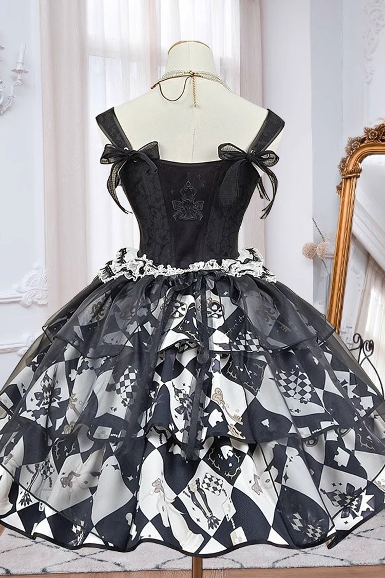 Black/White Board Games Triple-Layered Print Ruffle Vintage Lolita Skirt