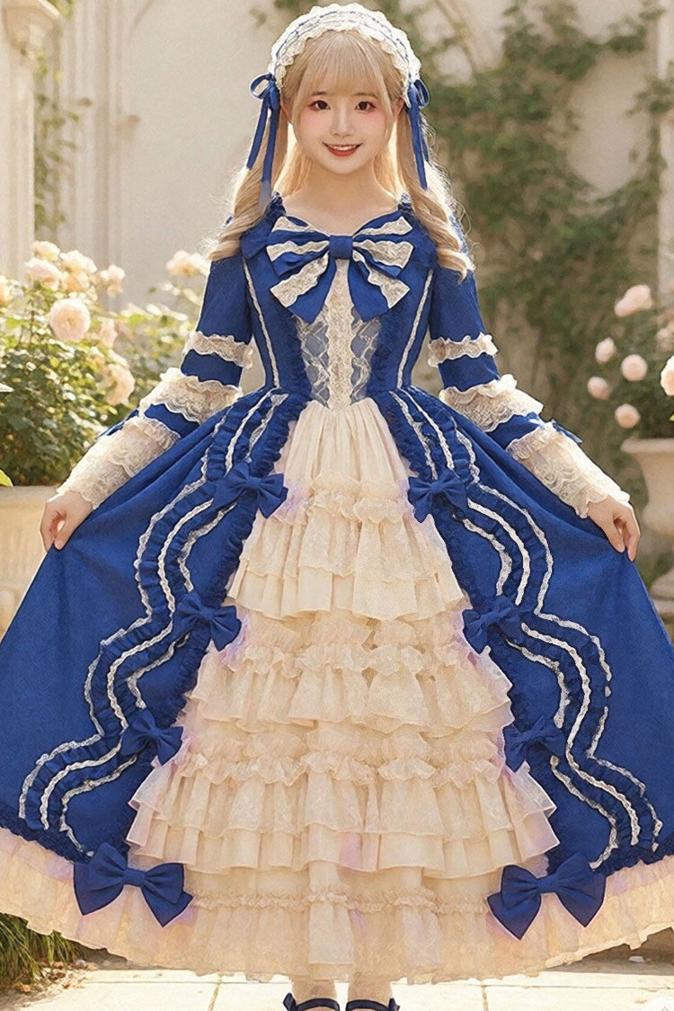 Sweet Long Sleeves Multi-Layered Ruffled Open-Front Bow Lace Princess Lolita Victorian Dress 5 Colors