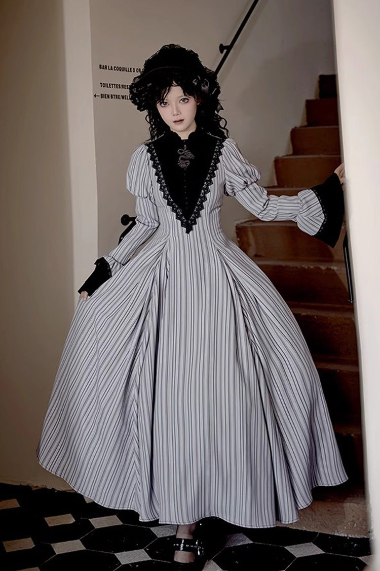 Light Grey Nocturne Vertical Stripes Print Ruffle Bowknot Lace Gothic Lolita Dress 2 Versions
