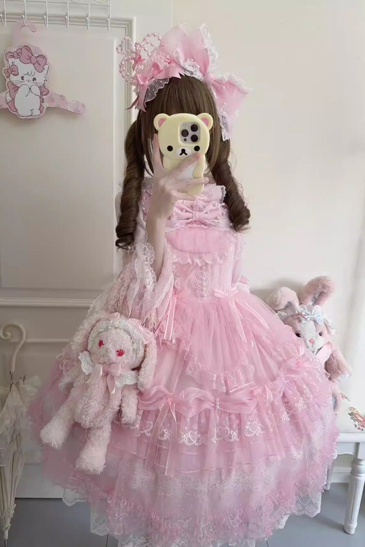 Pink Sugar Heart Knot Multi-Layered Ruffled Bow Lace Sweet Lolita Jsk Dress