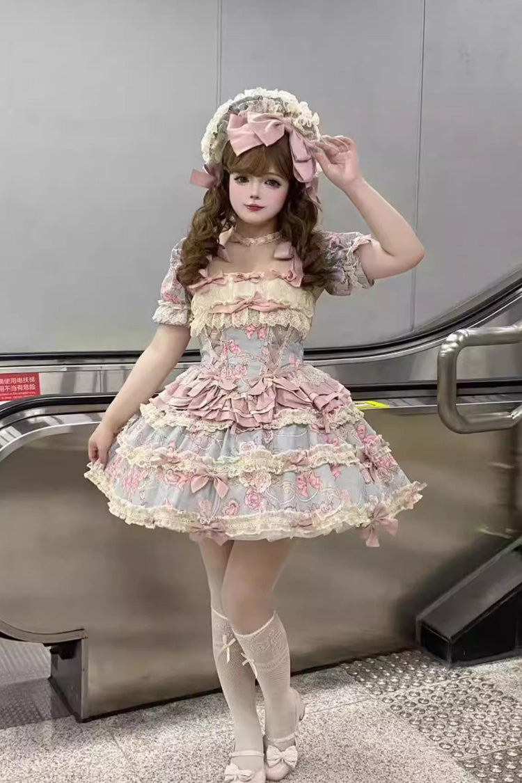 Blue/Pink Gem Rose Multi-Layered Ruffle Bowknot Lace Sweet Princess Lolita Skirt 2 Versions