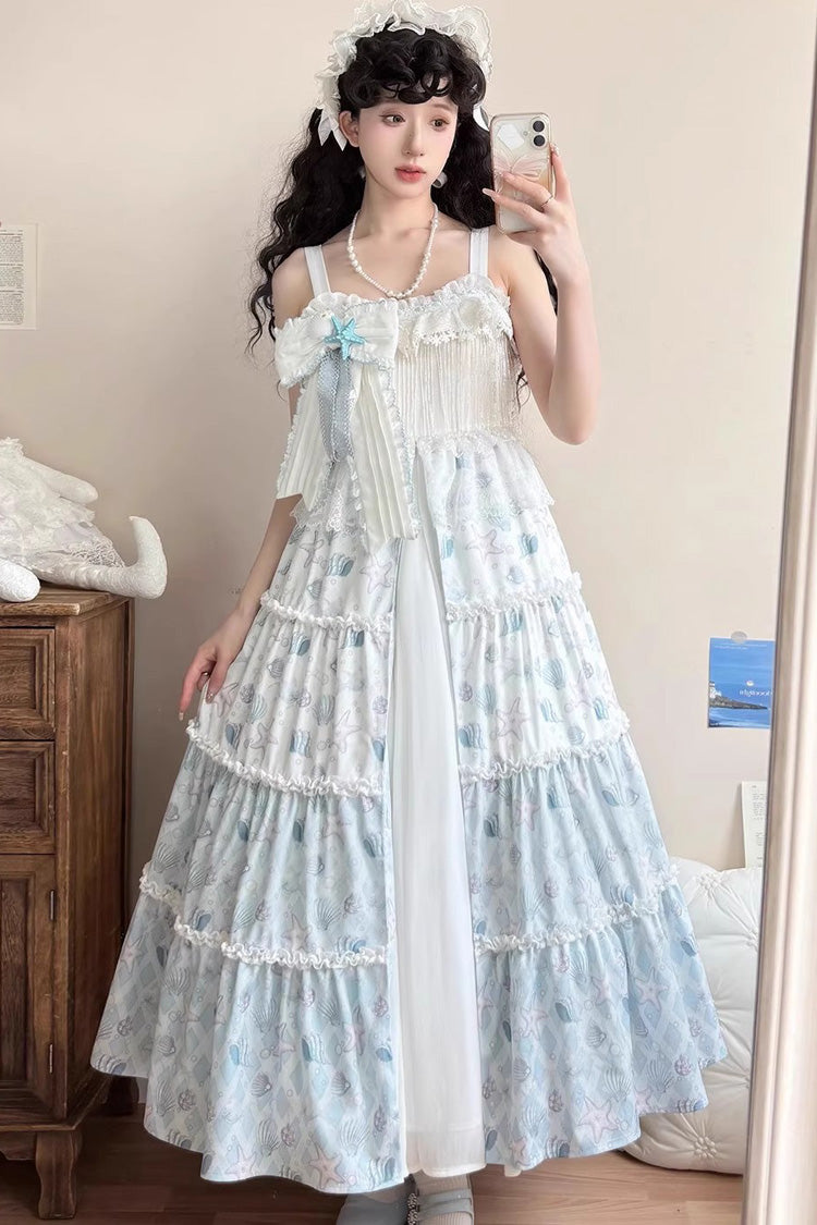 Light Blue Shell Print Cardigan Bowknot Elegant Princess Lolita Jsk Dress