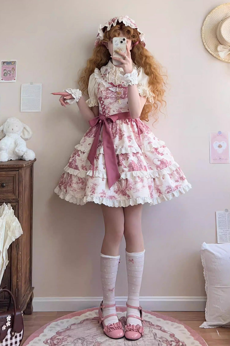 Rose Red Grape Moon Almanac Sleeveless Multi-Layered Printed Ruffled Bow Adjustable-Length Sweet Lolita Jsk Dress