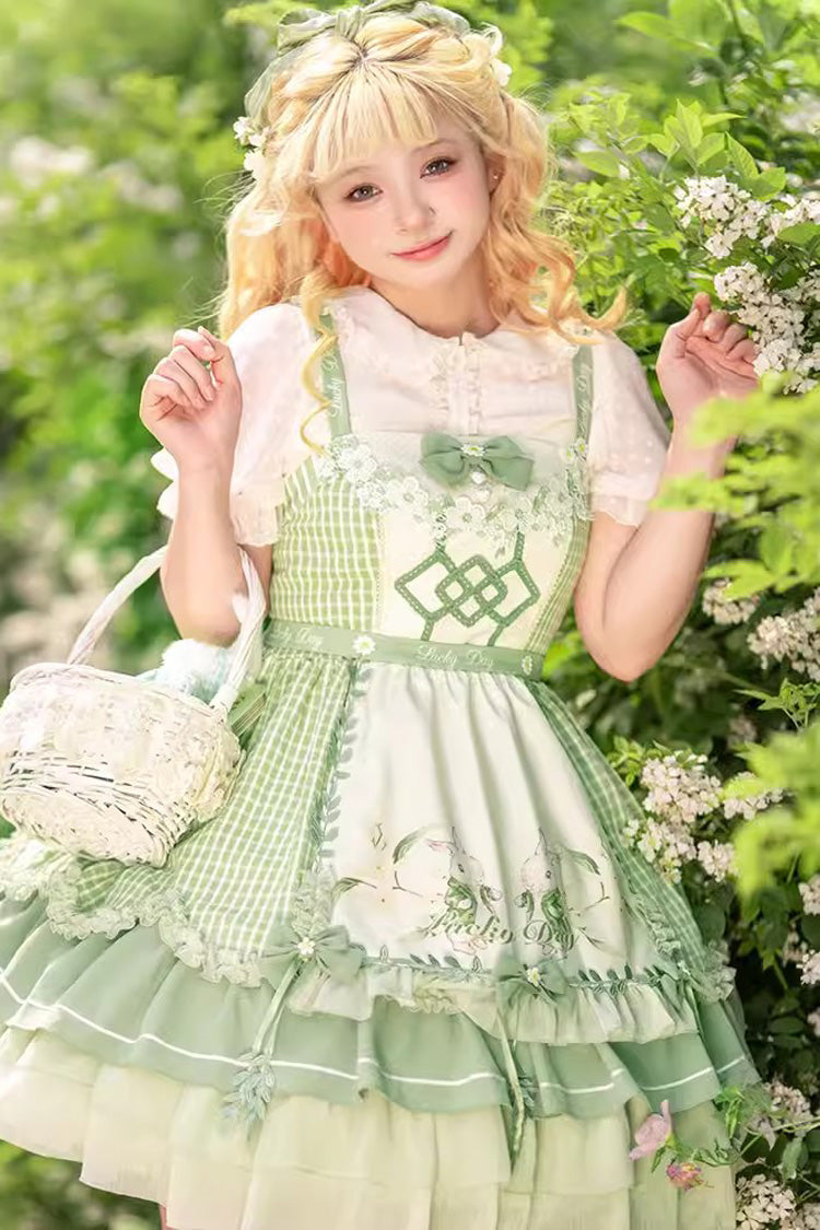 Green Multi-layer Print Ruffle Bowknot Country Style Sweet Lolita Jsk Dress (With Apron)