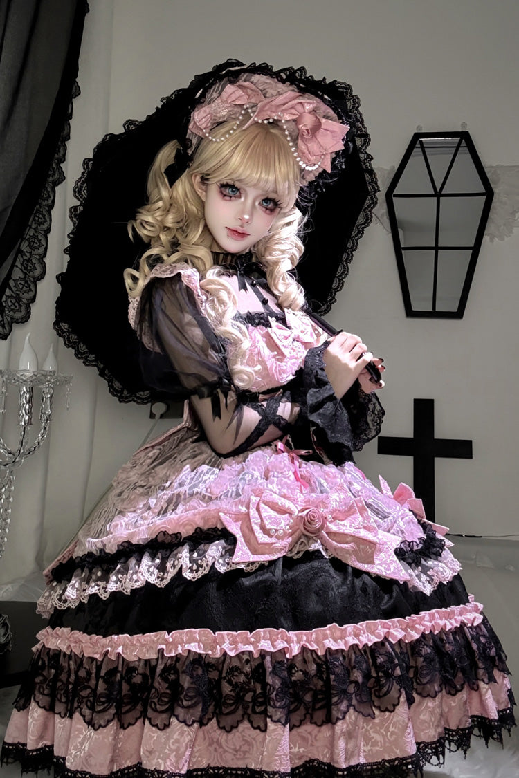 Black/Pink Rose Princess Sleeveless Ruffle Bowknot Lace Lace-Up Sweet Ballet Lolita Jsk Dress