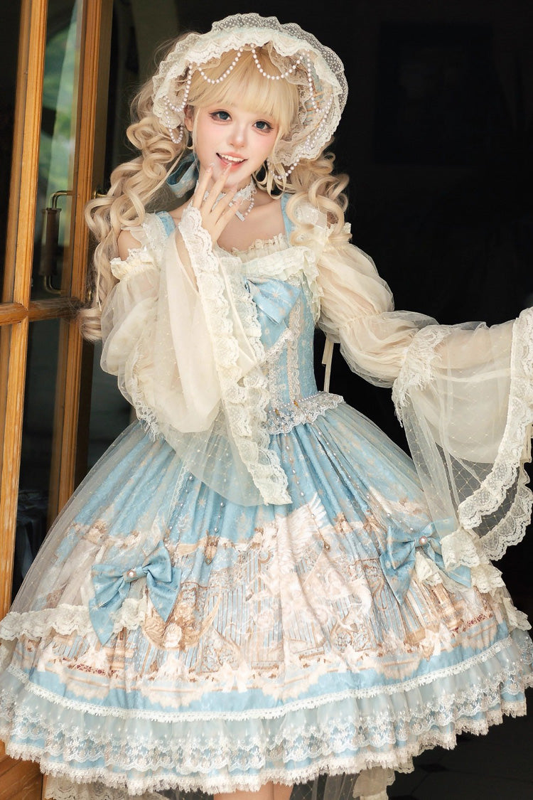Blue Unicorn Print Sleeveless Multi-Layered Embroidery Bowknot Lace Sweet Lolita Jsk Dress
