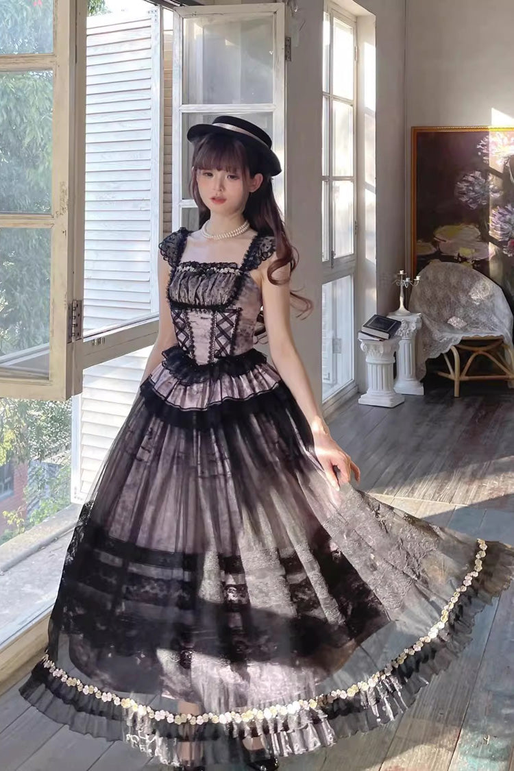 Grey/Pink Mist-shrouded Vineyard Sleeveless Ruffle Bowknot Lace-Up Sweet Lolita Jsk Skirt Dress Set