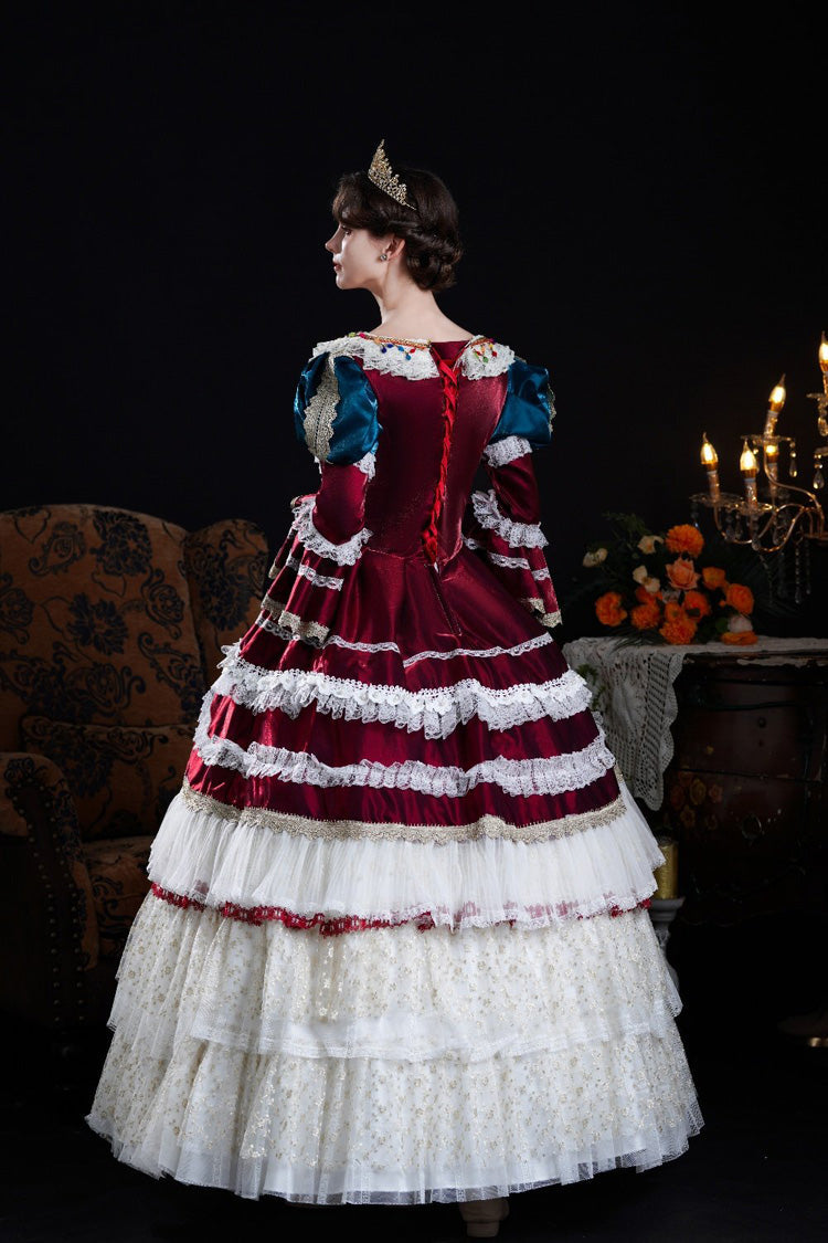 Wine/Ivory Round Collar Long Hime Sleeves Triple-Layered Ruffled Open-Front Bow Lace Classic Vintage Palace Lolita Victorian Dress