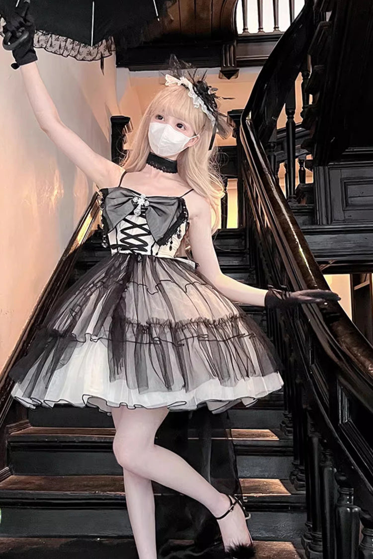 Black/White Ruffle Hanayome Lace Lace-Up Gothic Plus Size Lolita Jsk Dress (Short Version)