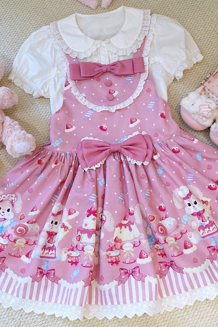 Pink Cupid Bunny Printed Sleeveless Bow Sweet Princess Lolita Strap Dress