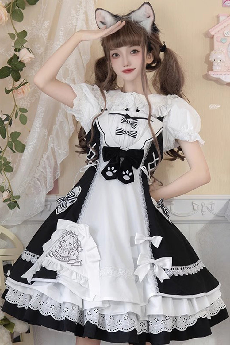 White/Black Cat Print Ruffle Bowknot Maid Sweet Lolita Dress