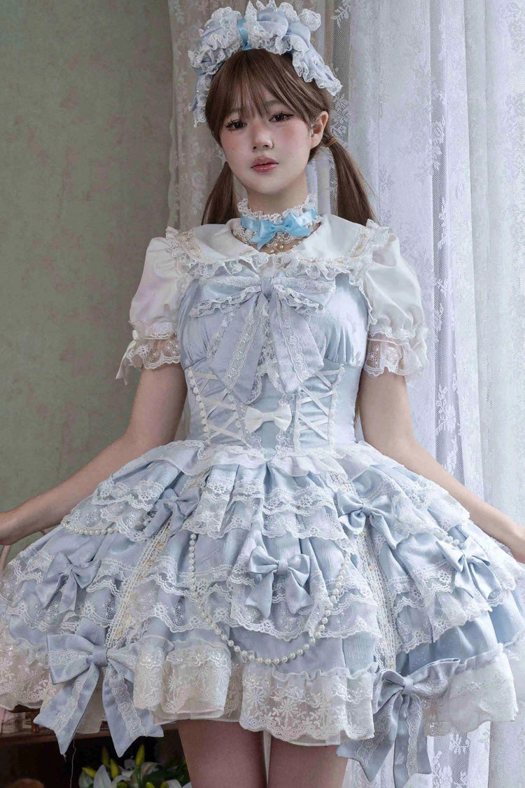 Blue Small Cakes Sleeveless Multi-Layered Ruffle Bowknot Lace Sweet Lolita Jsk Dress