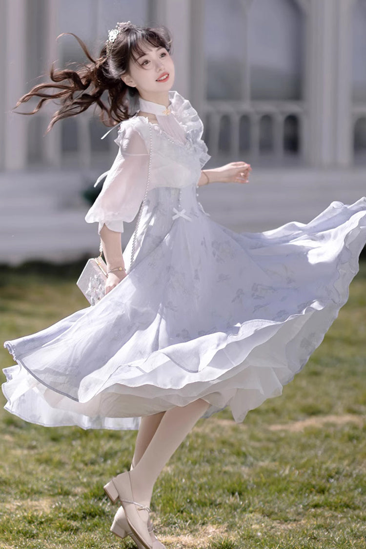 White/Blue Lace V Collar Half Sleeves High Waisted Sweet Lolita OP Dress