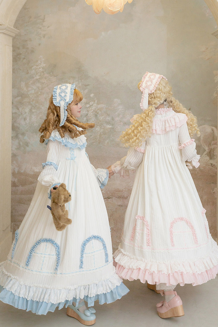 Blue Twin Lilian Round Collar Long Sleeves Double-Layered Ruffled Bow Lace-Up Sweet Lolita Dress
