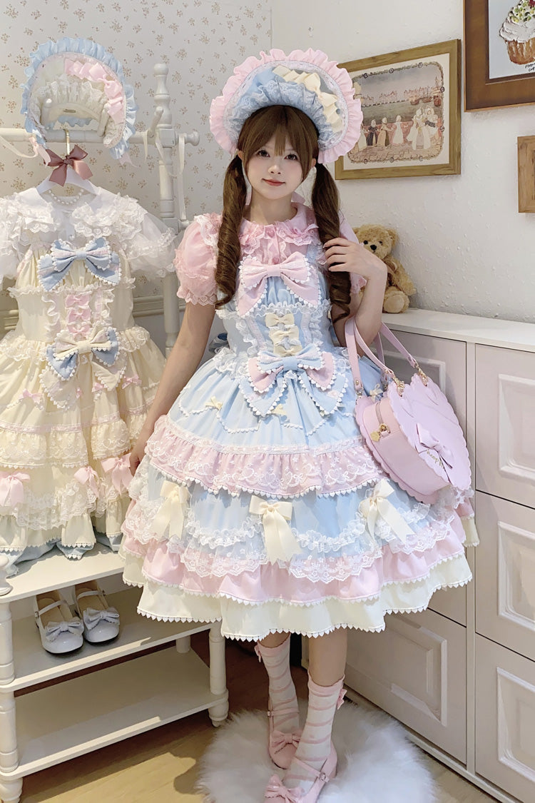 Blue/Pink Fondant Cake Sleeveless Multi-Layered Ruffle Bowknot Lace Sweet Lolita Jsk Dress