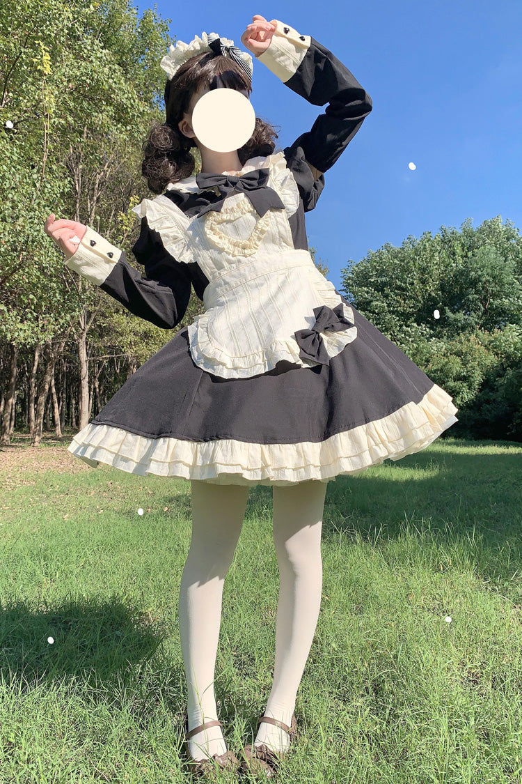 Black/White Maid Long Sleeves Ruffle Bowknot Stitching Sweet Short Lolita Dress
