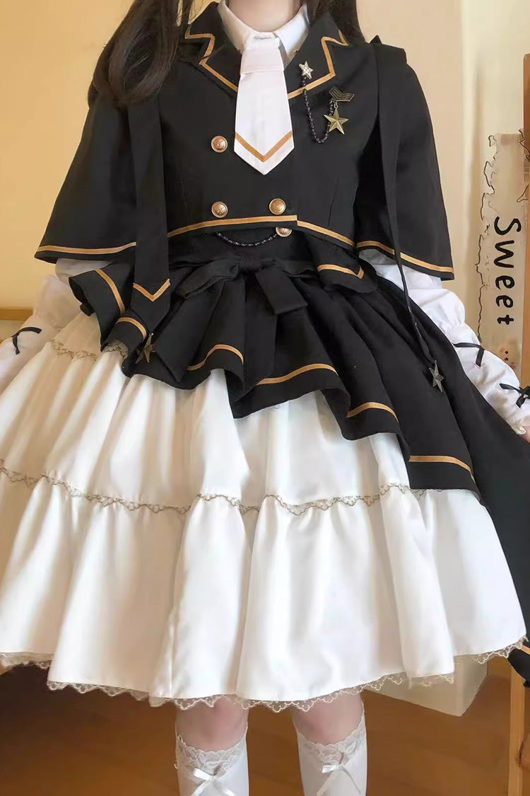 Black/White Commander Long Sleeves Ruffle Bowknot Irregular Sweet Lolita Dress Coat Cloak Set