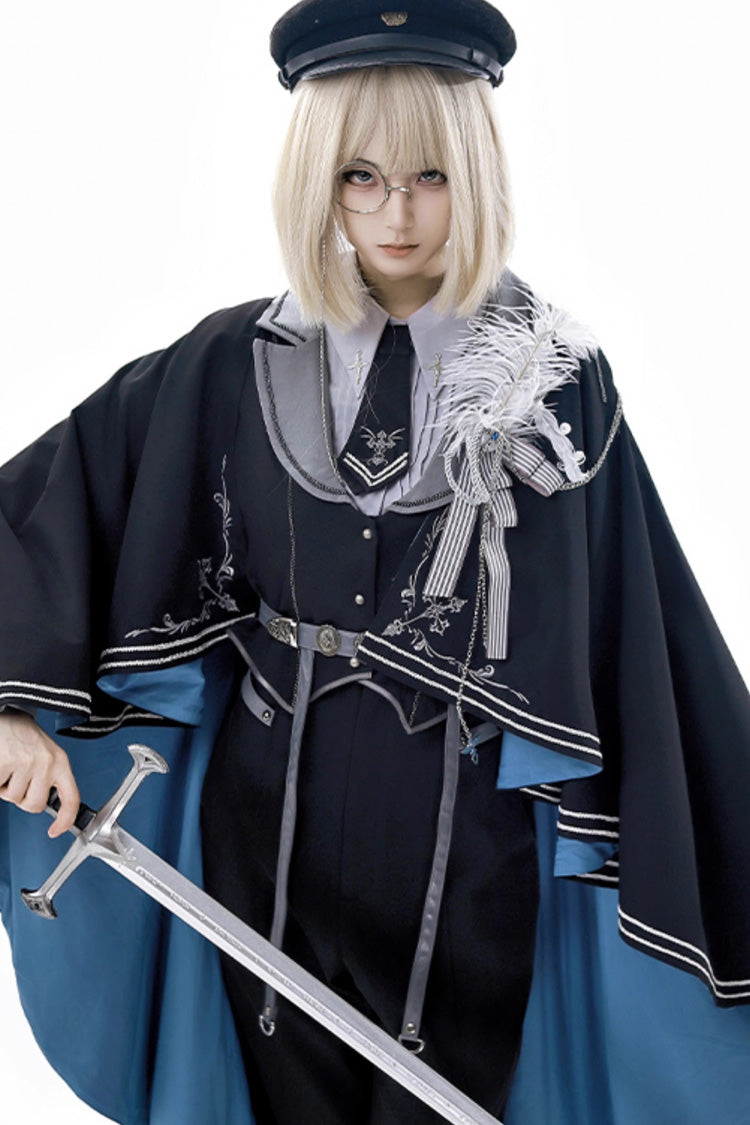 Black/Blue Dark Night Contract Long Sleeves Prince Handsome Ouji Lolita Blouse Pants Vest Set