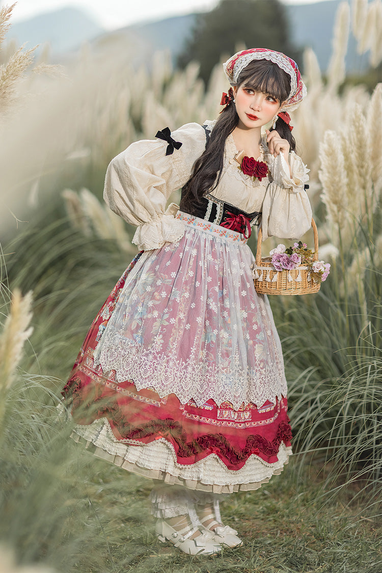 Wine Red Ode to Plenty Berries and Birds Print Ruffle Bowknot Velvet Classic Lolita Breast Support Jsk Dress