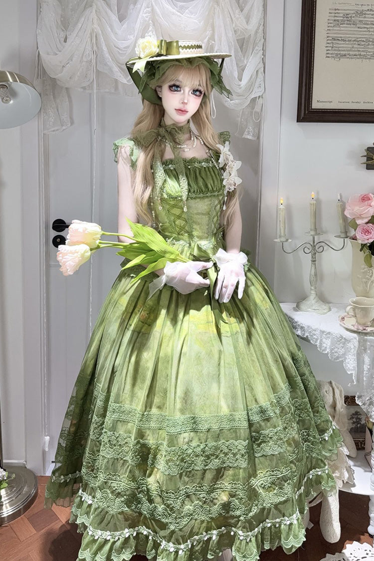 Green Mist-shrouded Vineyard Sleeveless Ruffle Bowknot Lace-Up Sweet Lolita Jsk Skirt Dress Set