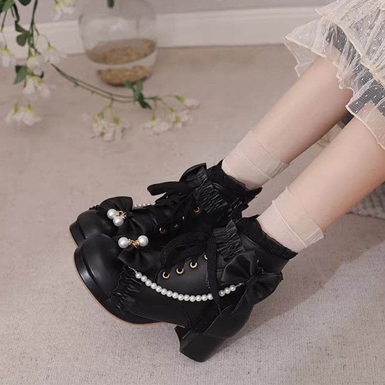 Sweet Ruffled Bow Pearl-Decorated Lolita Ankle Boots 3 Colors