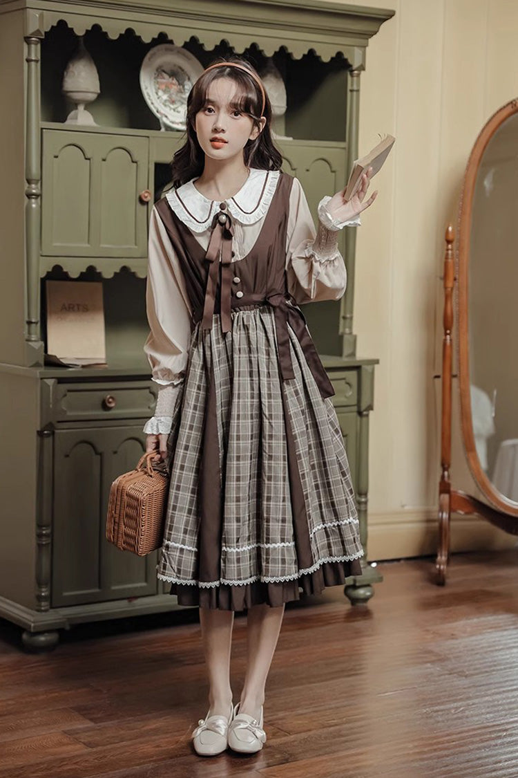 White/Brown Campus Style Doll Collar Lantern Sleeves Plaid Sweet Lolita OP Dress