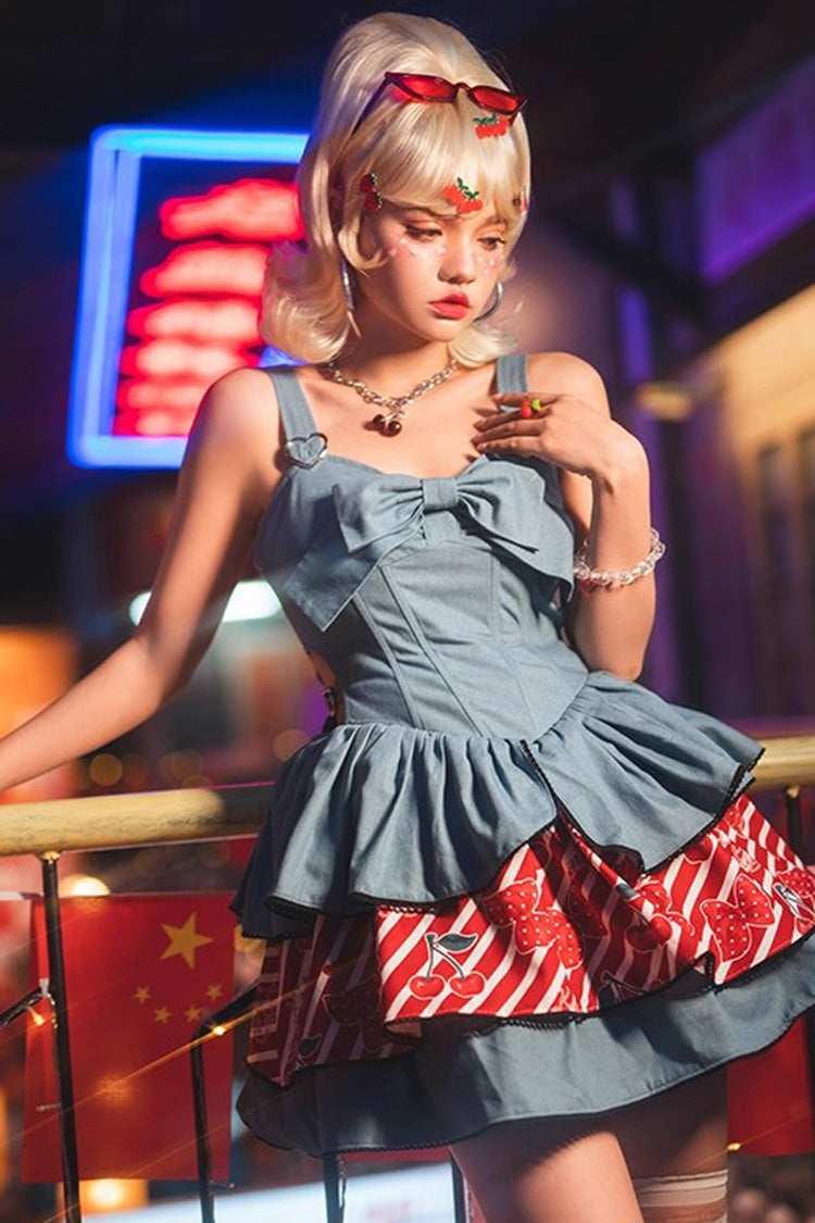 Blue Cherry Sleeveless Triple-Layered Print Ruffle Bowknot Denim Sweet Japanese Vintage Lolita Jsk Dress