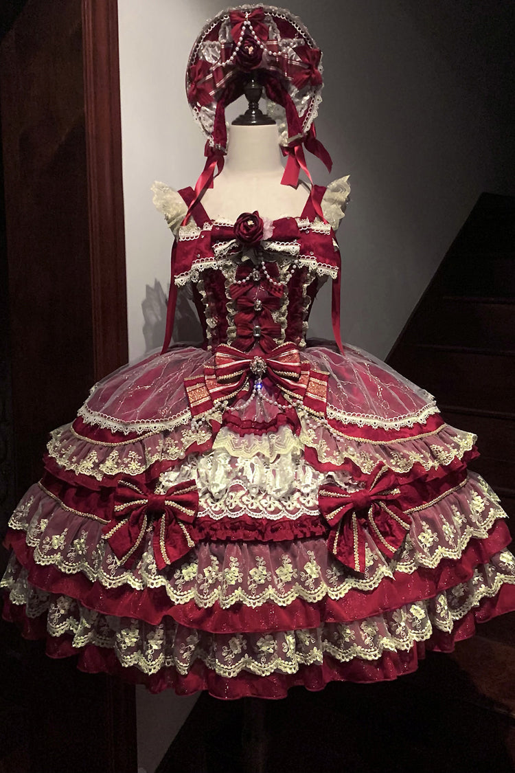 Red Crown of Gems Triple-Layered Ruffle Bowknot Lace Sweet Gorgeous Lolita Jsk Dress