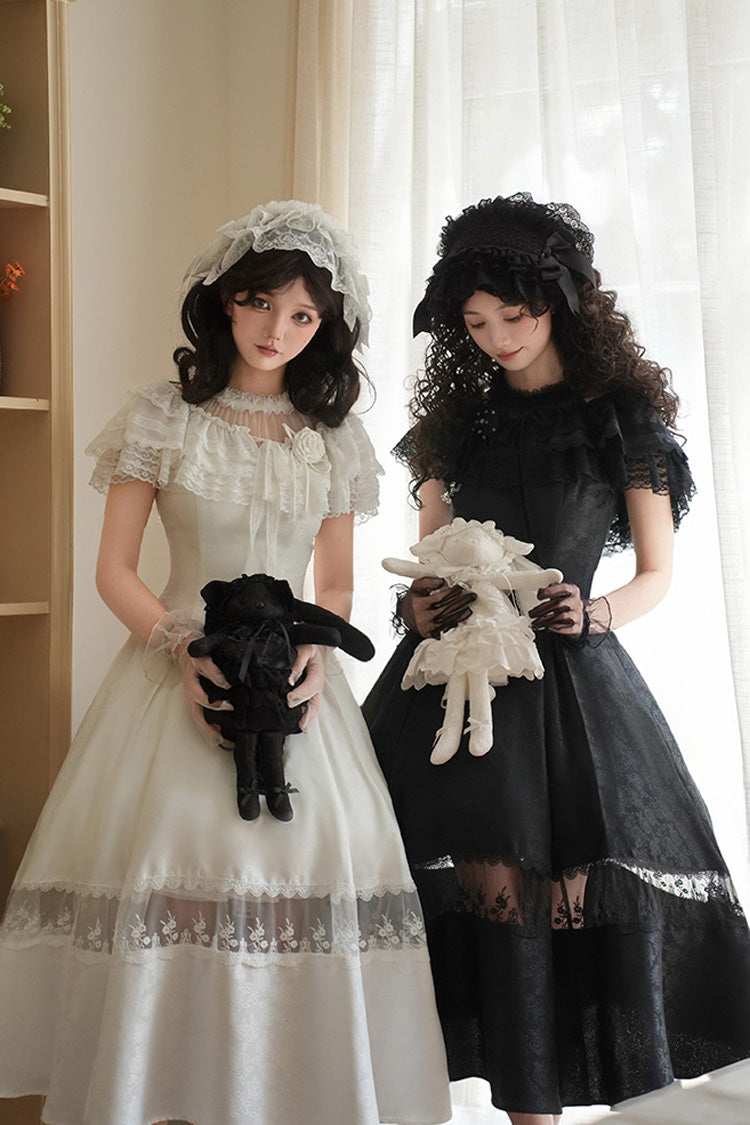 Black Flowers in the Mist Off Shoulder Halterneck Print Ruffle Gothic Elegant Lolita Dress