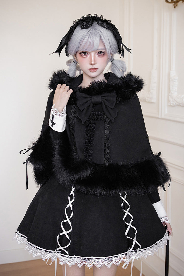 Black/White Rose Doll Square Collar Long Sleeves Bowknot Lace-Up Gothic Lolita Dress Set 2 Versions