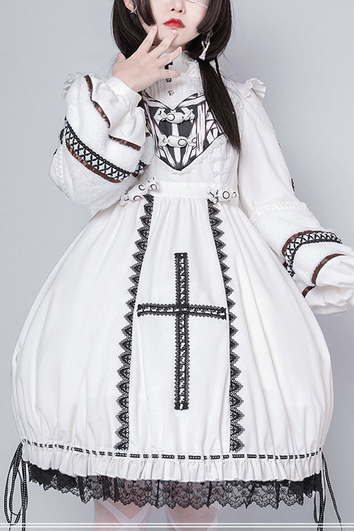 Beige Detachable High Neck Woolen Cuffs Demon Rabbit Gothic Lolita OP Dress