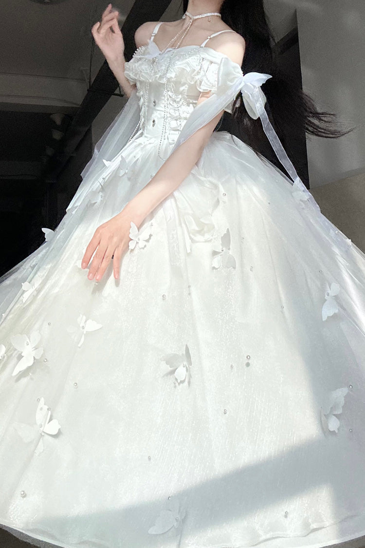 White Summer Wind Chimes 3D Butterfly Decoration Bowknot Sweet Lolita Jsk Dress