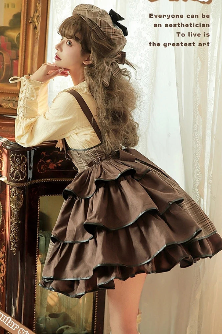 Brown Sherlock Detective Ruffle Color Matching Gothic Lolita Strap Skirt