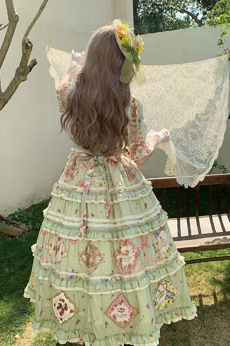 Green Cat Rose Tea Short Sleeves Print Ruffle Cardigan Bowknot Sweet Gorgeous Lolita Dress