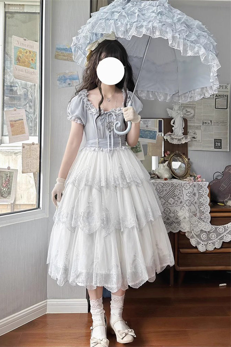 Light Blue Flower Promise Short Sleeves Multi-layer Print Sweet Elegant Princess Lolita Dress