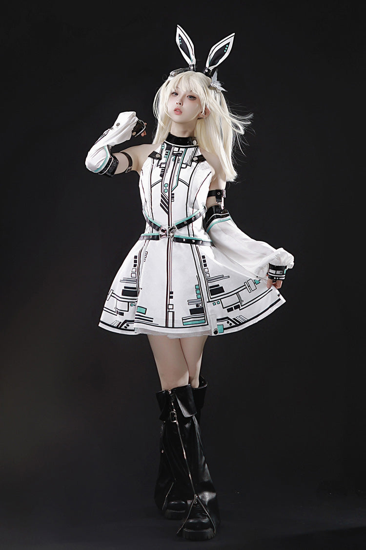 White Mecha Battle Maiden Stand Collar Print Futuristic Style Sweet Handsome Lolita Dress