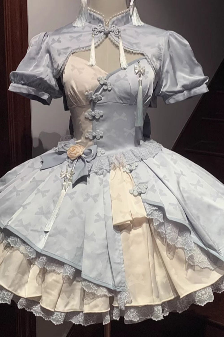 Chinese Style Short Sleeves Print Ruffle Hollow Bowknot Lace Asymmetric Sweet Vintage Lolita Dress 4 Colors