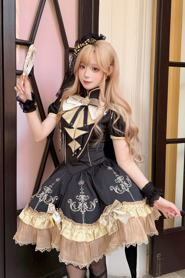 Black Gilded Oath Short Sleeves Double-Layered Ruffle Embroidery Bowknot Gothic Lolita Dress