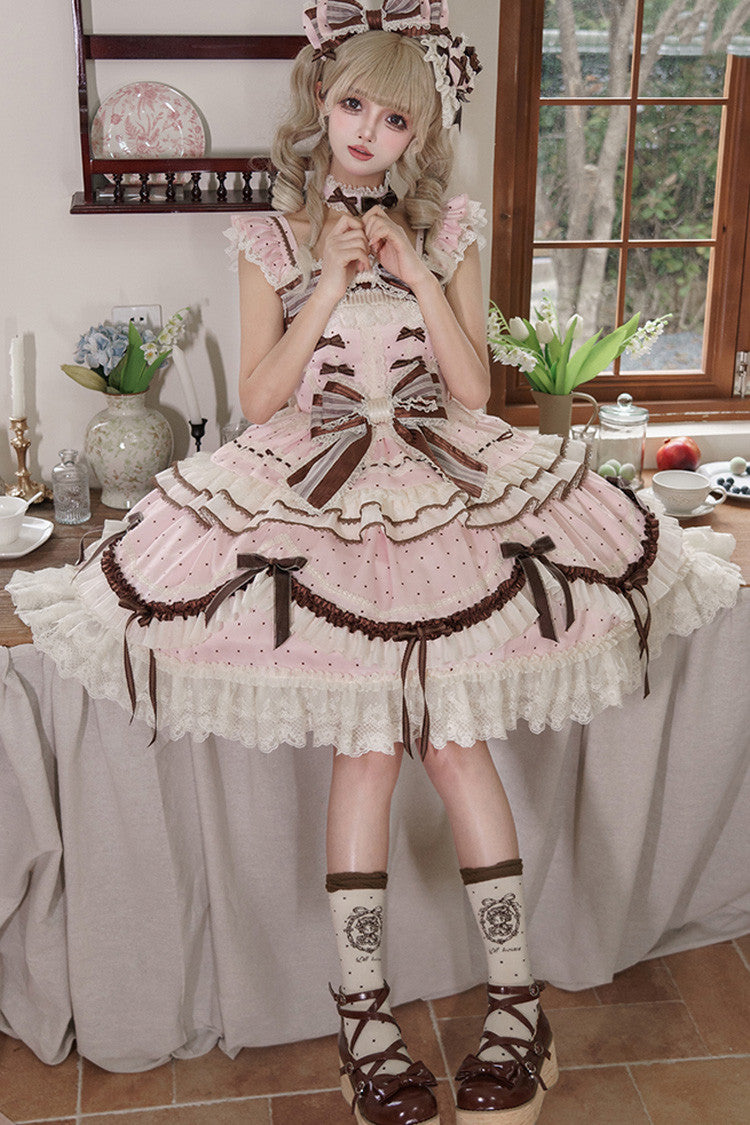 Pink Shengqiao Tata Sleeveless Print Ruffle Bowknot Lace-Up Sweet Elegant Lolita Jsk Dress