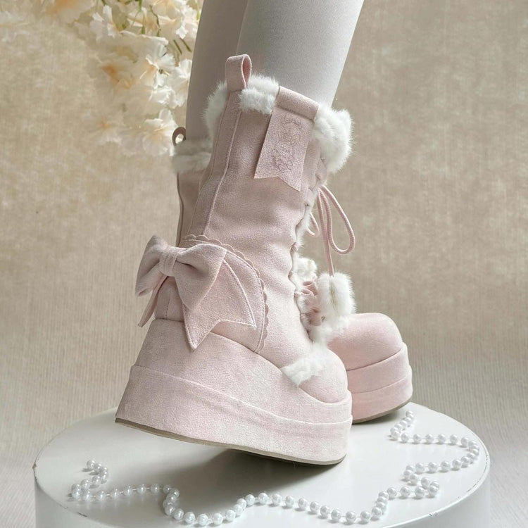 Pink Cute Platform Thick-Soled Bowknot Lace-Up Sweet Lolita Plush Boots