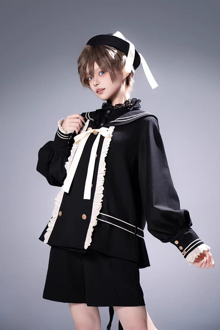 Black City of Mist Navy Collar Long Sleeves Gothic College Style Prince Ouji Lolita Shorts Coat Set