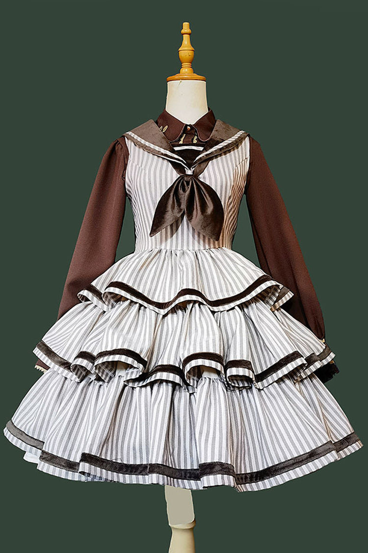 From Afar Sleeveless Triple-Layered Stripe Print Bowknot Sweet College Style Lolita Dress 2 Colors