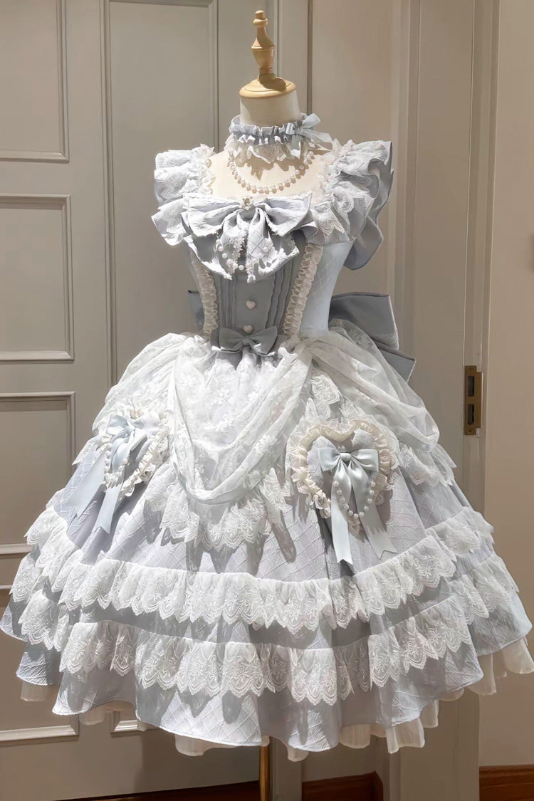 Blue Fairy Tale Advent Multi-Layered Ruffle Bowknot Lace Sweet Princess Gorgeous Lolita Tiered Dress