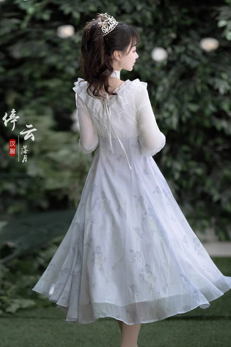 White/Blue Lace V Collar Half Sleeves High Waisted Sweet Lolita OP Dress