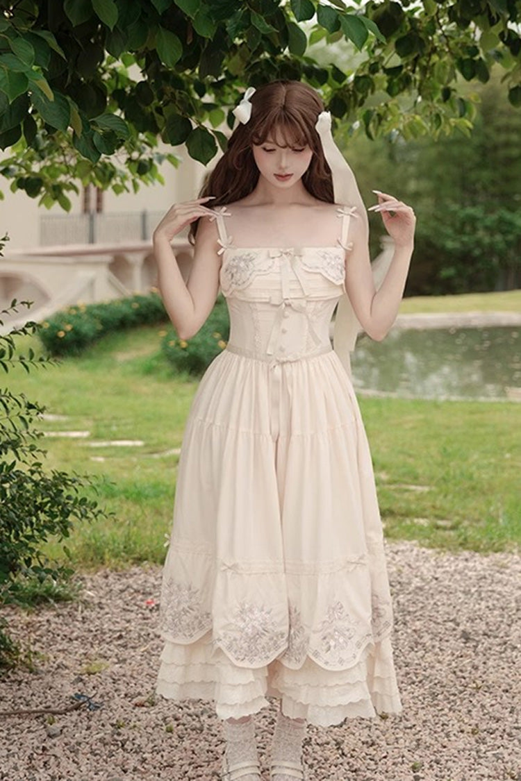 Apricot Fantasy Butterfly Triple-Layered Ruffle Embroidery Bowknot Lace Sweet Princess Lolita Jsk Dress