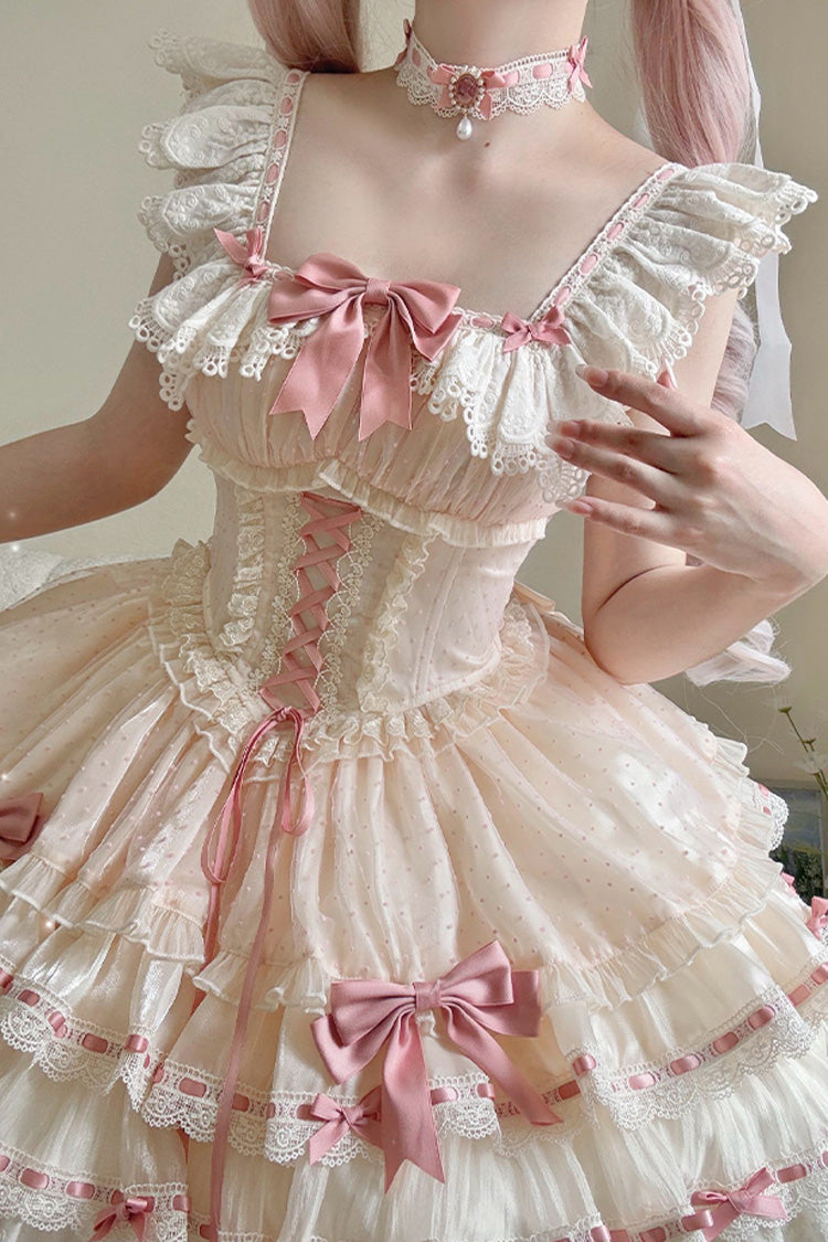 Apricot Flory Butterfly Double-Layered Ruffle Bowknot Lace Lace-Up Sweet Ballet Lolita Jsk Dress