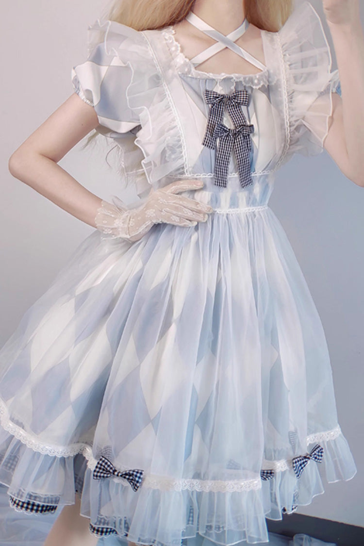 White/Blue Short Sleeves Diamond Plaid Print Bowknot Alice Sweet Lolita Dress